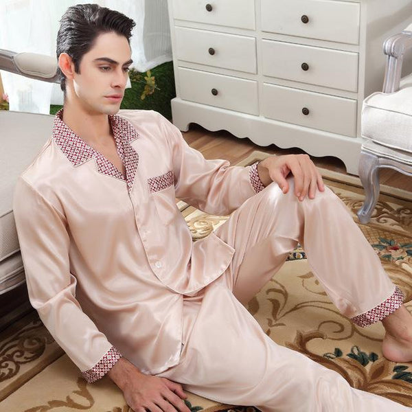 2019 New Satin Silk Pajamas For Men Long Sleeves Silk Sleepwear Summer Male Pajama Set Soft Nightgown For Men Pyjamas