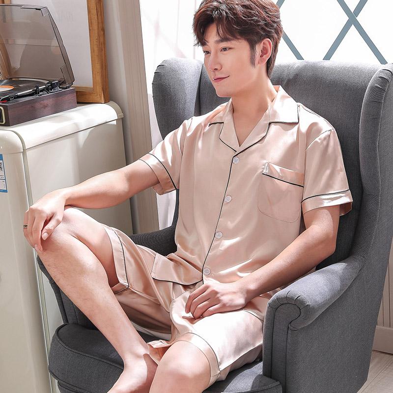Satin Silk Pajamas Shorts For Men Summer Sleepwear Male Pajama Set Soft Nightgown For Men Pyjamas Sleep Lounge Big Size L-3XL