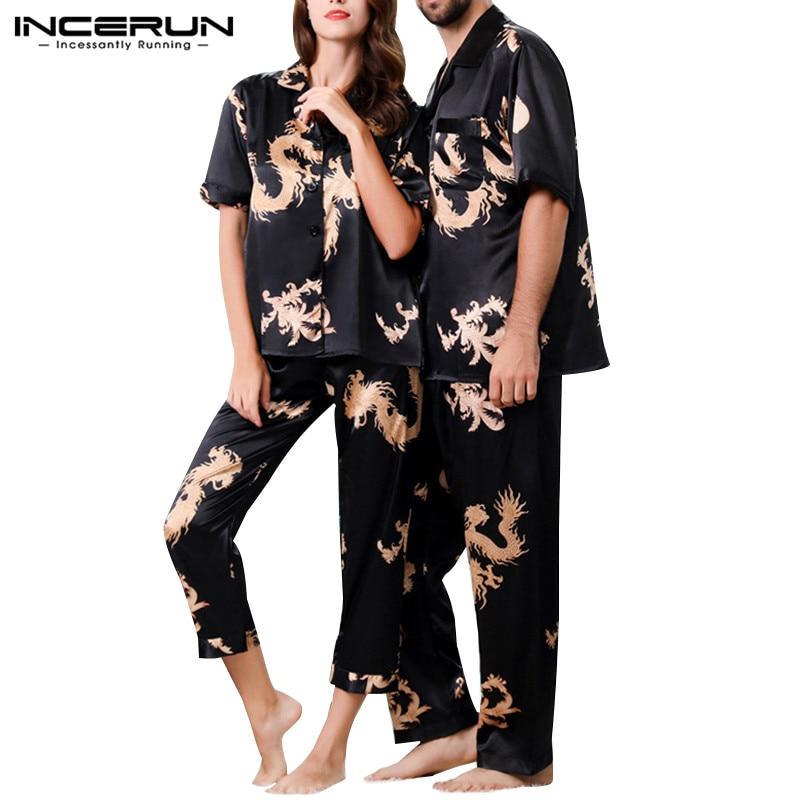 INCERUN 2019 Mens Pajamas Set Chinese Style Print Silk Satin Short Sleeve Tops Pants Loose Female Nightgown Men Sleepwear Sets