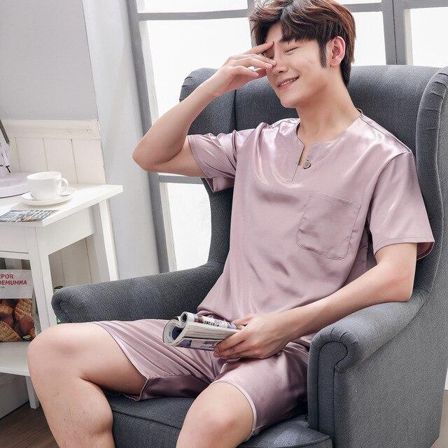 Satin Silk Pajamas Shorts For Men Summer Sleepwear Male Pajama Set Soft Nightgown For Men Pyjamas Sleep Lounge Big Size L-3XL