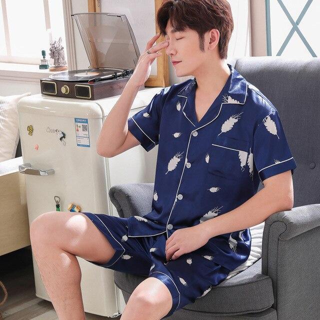 Satin Silk Pajamas Shorts For Men Summer Sleepwear Male Pajama Set Soft Nightgown For Men Pyjamas Sleep Lounge Big Size L-3XL