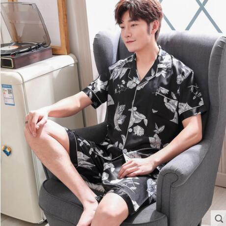 Summer Short Sleeve Men Pyjama Set Imitate Silk Polyester Men Pajama Suit Satin Print Pajama Man Sleepwear Pajamas Nightgown 3XL