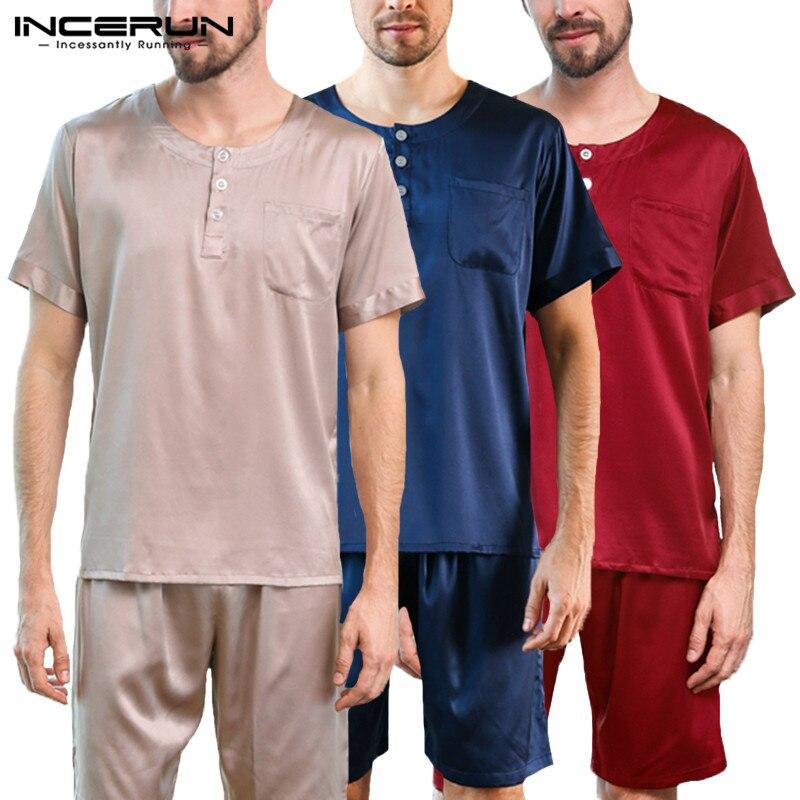 2019 Stylish Men Pajamas Set Silk Satin Soft Homewear Tee Tops Shorts Nightgown Pyjamas Sleepwear Set Summer Underwear Male NEW