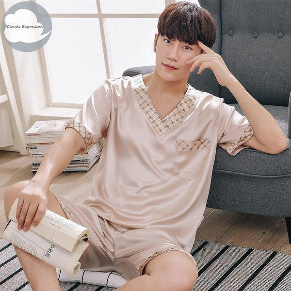 Summer Short Sleeved Men Pyjamas Imitate Silk Polyester Men Pajama Sets Satin Plaid Pajama Lover Sleepwear Pajamas Nightgown 3XL