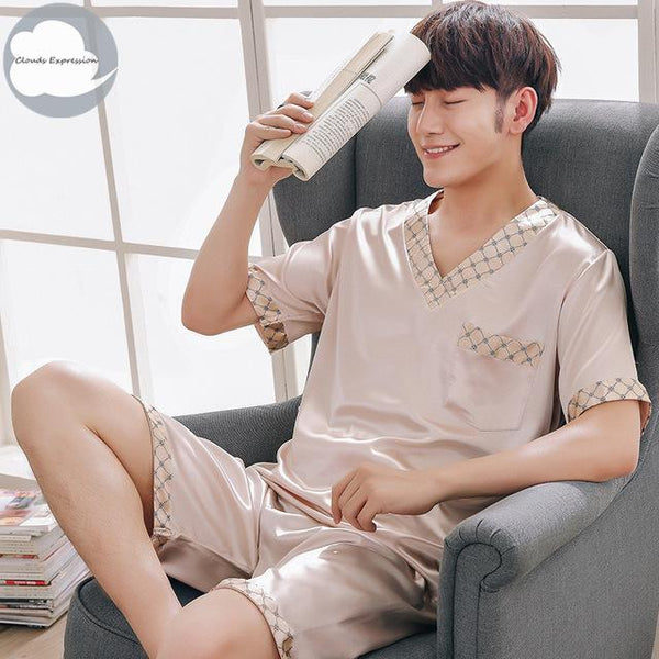 Summer Short Sleeved Men Pyjamas Imitate Silk Polyester Men Pajama Sets Satin Plaid Pajama Lover Sleepwear Pajamas Nightgown 3XL