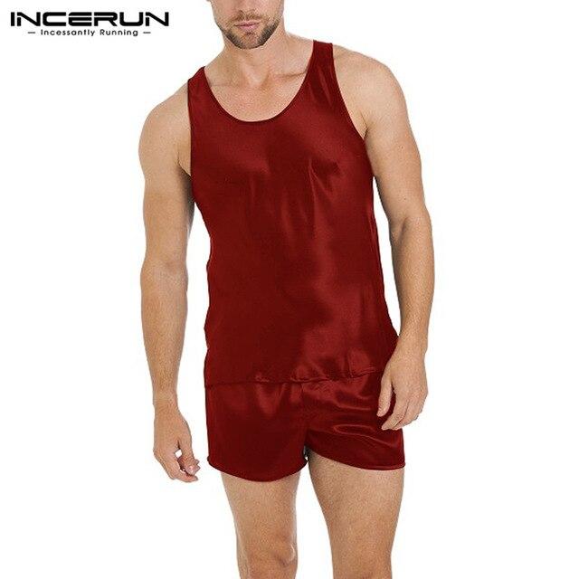Comfortable Mens Stain Silk Pajamas Suit Soft Summer 2pcs/set Sleepwear Lounge Big Robe Sleeveless Tank Shorts Soft Nightgown