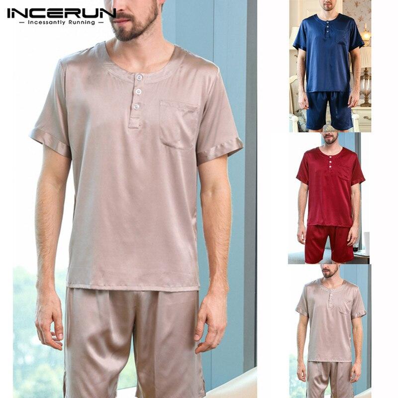 INCERUN 2019 Silk Satin Men Pajamas Set Soft Sleepwear Suit Short Sleeve Tops Homewear Shorts Nightgown Pyjamas Set Summer S-5XL