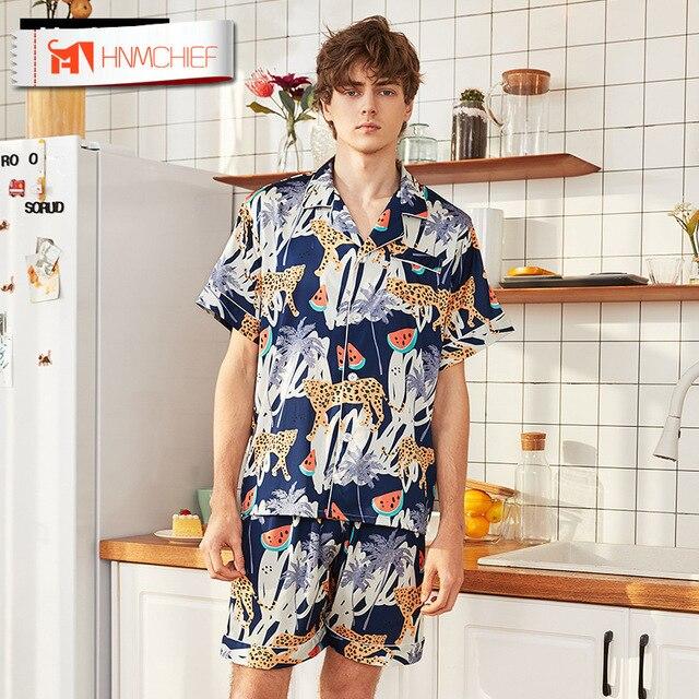 HNMCHIEF Men's Silk Pajama Set Modern Style Sleepwear Men Soft Cozy Satin Nightgown Lounge Pajama Sets NightwearLapel Suit Print