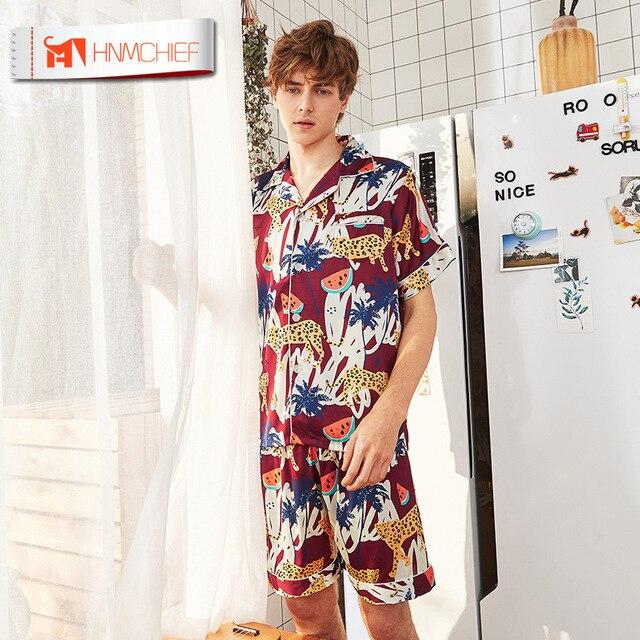 HNMCHIEF Men's Silk Pajama Set Modern Style Sleepwear Men Soft Cozy Satin Nightgown Lounge Pajama Sets NightwearLapel Suit Print