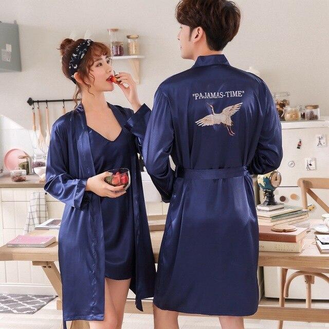 Bridal Gown Wedding Silk Bathrobe Couple Nightgown Ladies Nightdress 2-piece Men's Robe Crane Gown Satin Dress Bridesmaid Robes