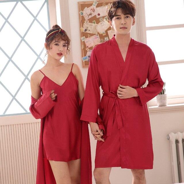 Bridal Gown Wedding Silk Bathrobe Couple Nightgown Ladies Nightdress 2-piece Men's Robe Crane Gown Satin Dress Bridesmaid Robes