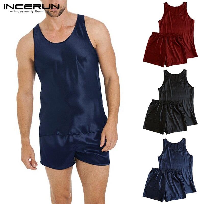 INCERUN Summer Men Silk Satin Pajamas Set Sleeveless Tops Shorts Soft Leisure Homewear Pyjamas Men Sleepwear Set Nightgown 2019
