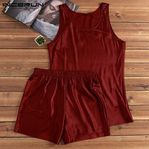 INCERUN Summer Men Silk Satin Pajamas Set Sleeveless Tops Shorts Soft Leisure Homewear Pyjamas Men Sleepwear Set Nightgown 2019