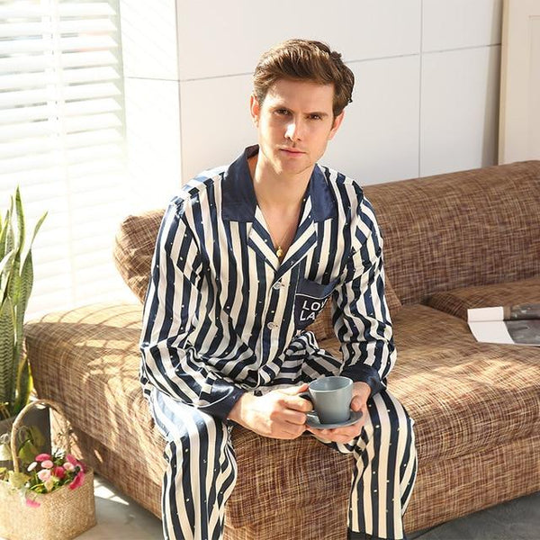 Spring Summer Men's Stain Silk Striped Pajamas Set Male Long-sleeved Trousers Printed Silk Thin Sleepwear Home Nightgown