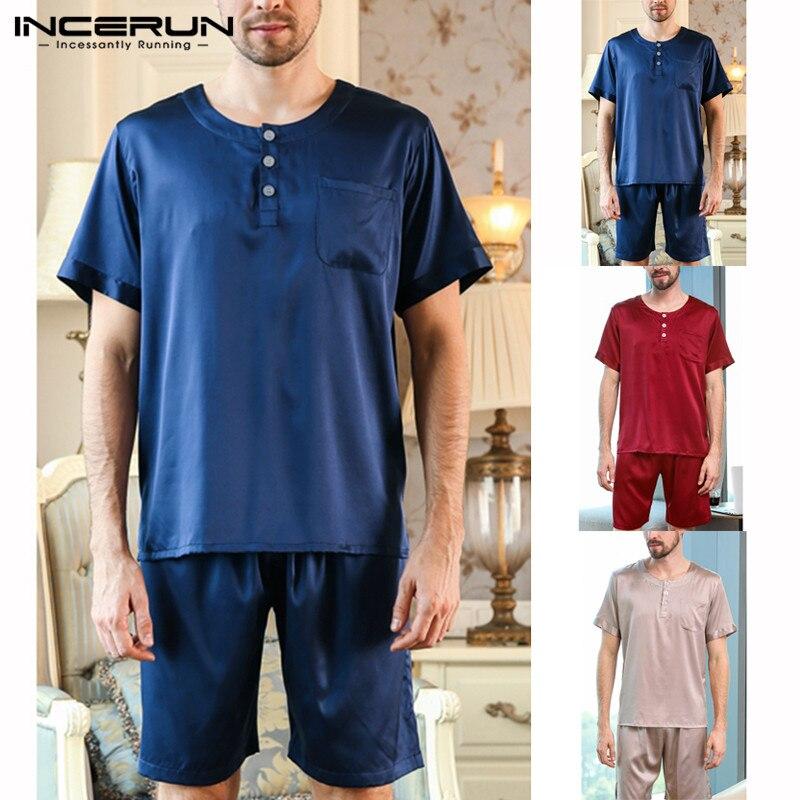 INCERUN Summer Silk Satin Men Pajamas Set Short Sleeve Tops Sleepwear Suit Nightgown Soft Shorts Homewear Pyjamas Set 2019 S-5XL