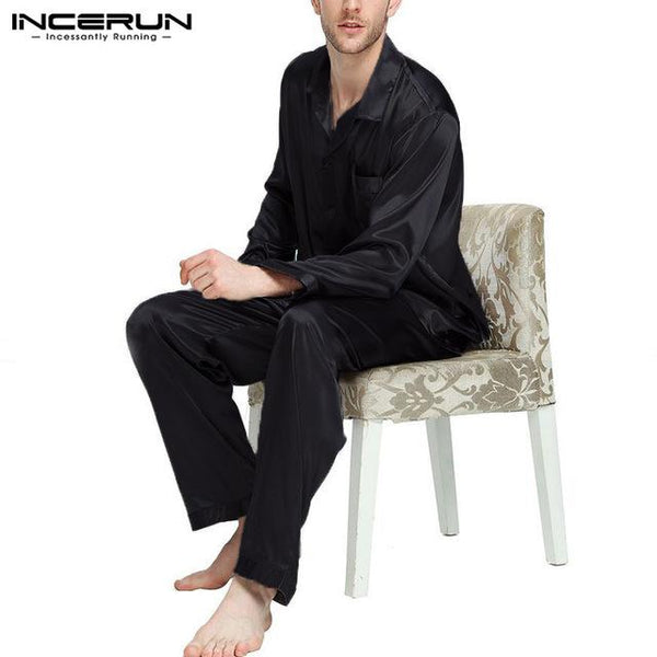 INCERUN Silk Satin Men Pajamas Set Soft Sleepwear Suit Long Sleeve Pants Solid Homewear Comfortable Nightgown Pyjamas Set 2019