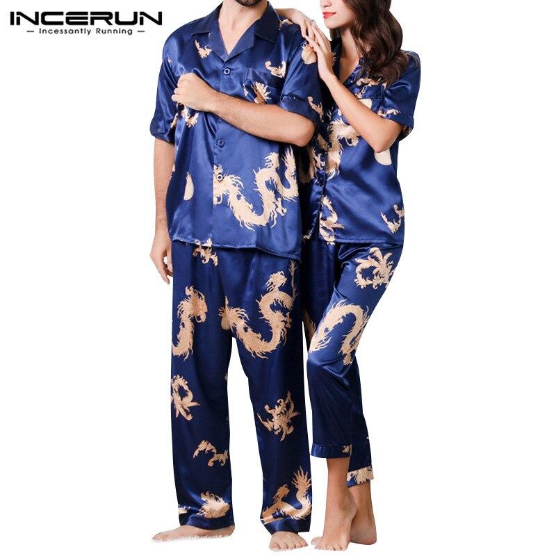 INCERUN 2019 Summer Fashion Men Pajamas Set Silk Satin Print Loose Short Sleeve Tops Pants Leisure Men Sleepwear Sets Nightgown