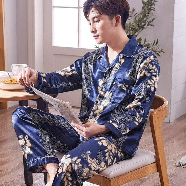 Pajamas Men Summer Ice Silk Long Sleeves Leisure Thin Style Sleepwear Teenagers Spring Autumn Home Clothing Nightgown Suit H5600