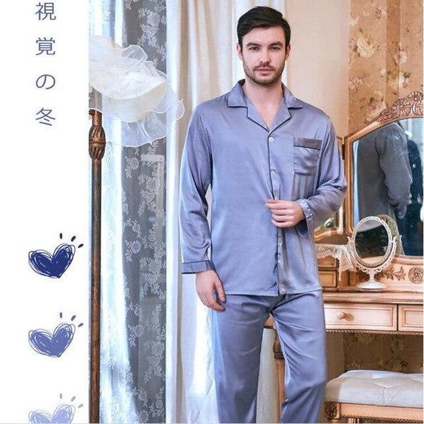 Men's Ice Silk Satin Plus Size Satin Leisure Sleepwear Long Sleeved Suits Home Clothes All Seasons Students Youth Nightgown J024