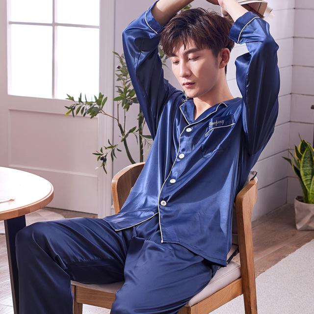 Pajamas Men Summer Ice Silk Long Sleeves Leisure Thin Style Sleepwear Teenagers Spring Autumn Home Clothing Nightgown Suit H5600