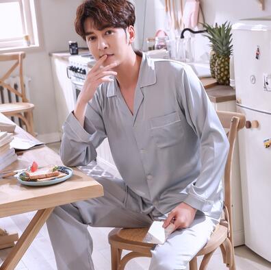 Pajamas Men Summer Ice Silk Long Sleeves Leisure Thin Style Sleepwear Teenagers Spring Autumn Home Clothing Nightgown Suit H5600