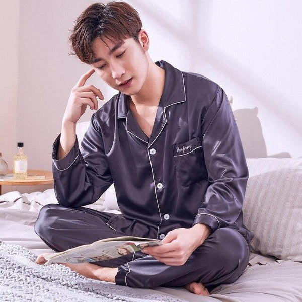 Pajamas Men Summer Ice Silk Long Sleeves Leisure Thin Style Sleepwear Teenagers Spring Autumn Home Clothing Nightgown Suit H5600