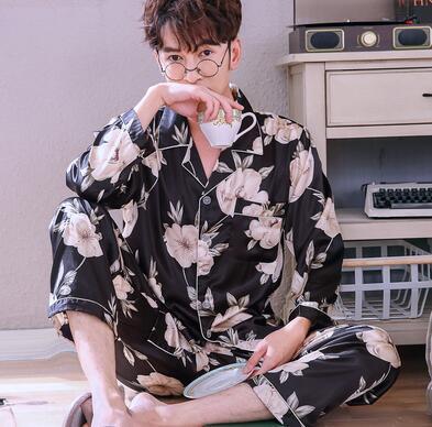 Pajamas Men Summer Ice Silk Long Sleeves Leisure Thin Style Sleepwear Teenagers Spring Autumn Home Clothing Nightgown Suit H5600