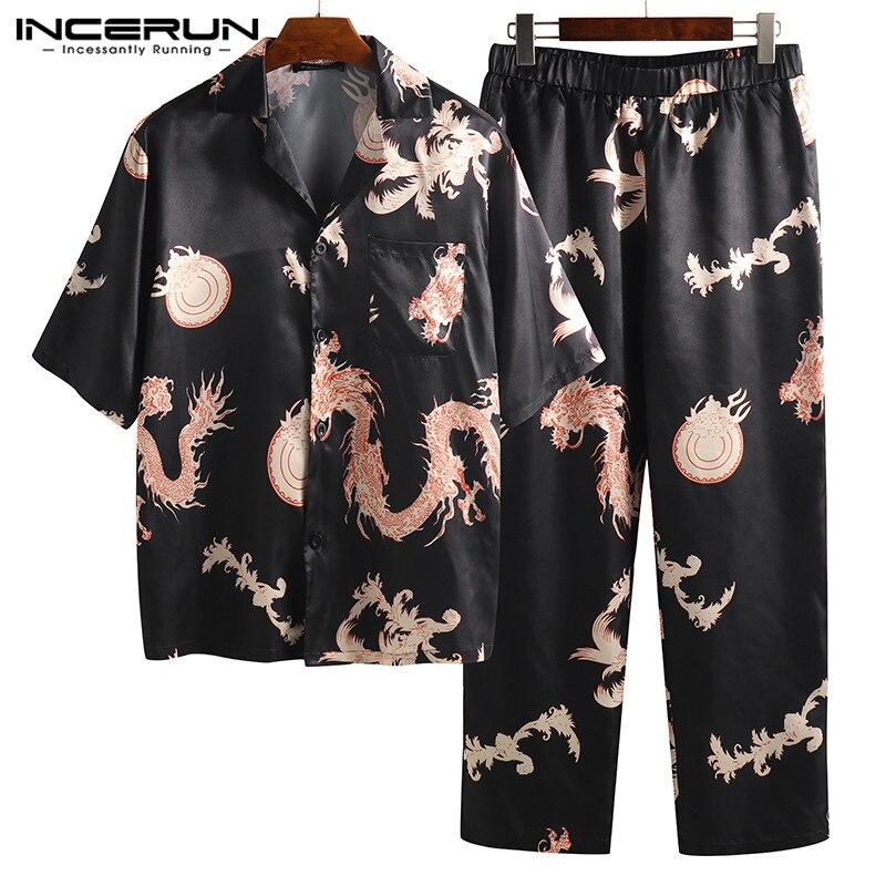 INCERUN Summer Men Pajamas Set Print Silk Satin Comfy Short Sleeve Tops Pants Loose Fashion Men Nightgown Sleepwear Sets 2019