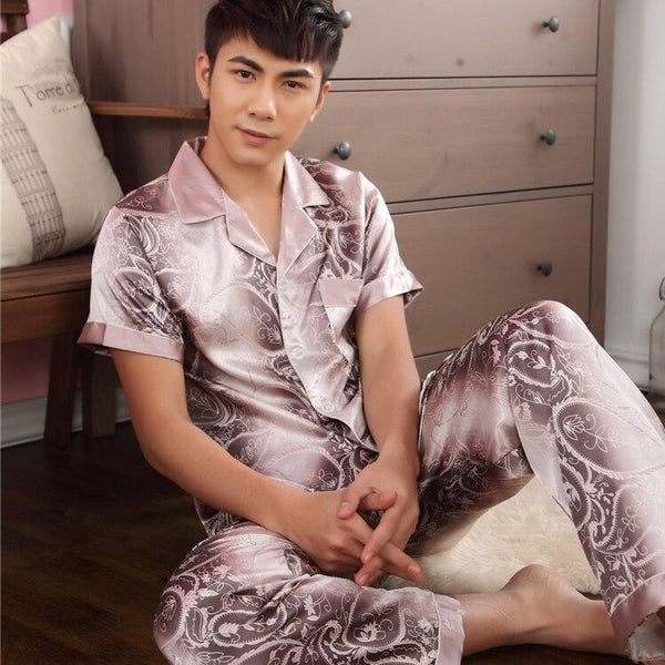 2019 men pyjama set solid silk men pajama suit short sleeve satin pajama man sleepwear pajamas male nightgown turn down collar