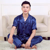 2019 men pyjama set solid silk men pajama suit short sleeve satin pajama man sleepwear pajamas male nightgown turn down collar