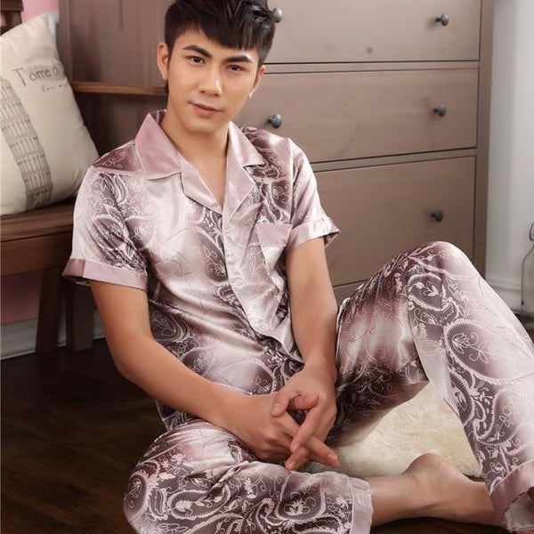 2019 men pyjama set solid silk men pajama suit short sleeve satin pajama man sleepwear pajamas male nightgown turn down collar