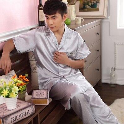 2019 men pyjama set solid silk men pajama suit short sleeve satin pajama man sleepwear pajamas male nightgown turn down collar