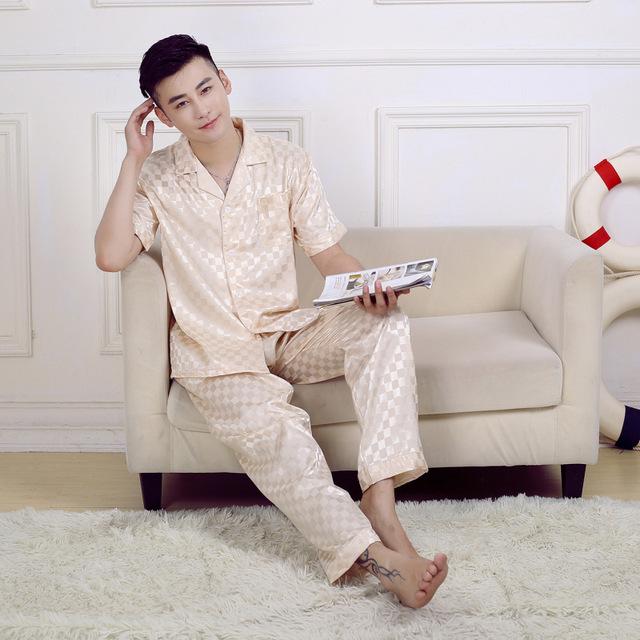 2019 men pyjama set solid silk men pajama suit short sleeve satin pajama man sleepwear pajamas male nightgown turn down collar