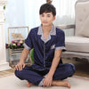 2019 men pyjama set solid silk men pajama suit short sleeve satin pajama man sleepwear pajamas male nightgown turn down collar