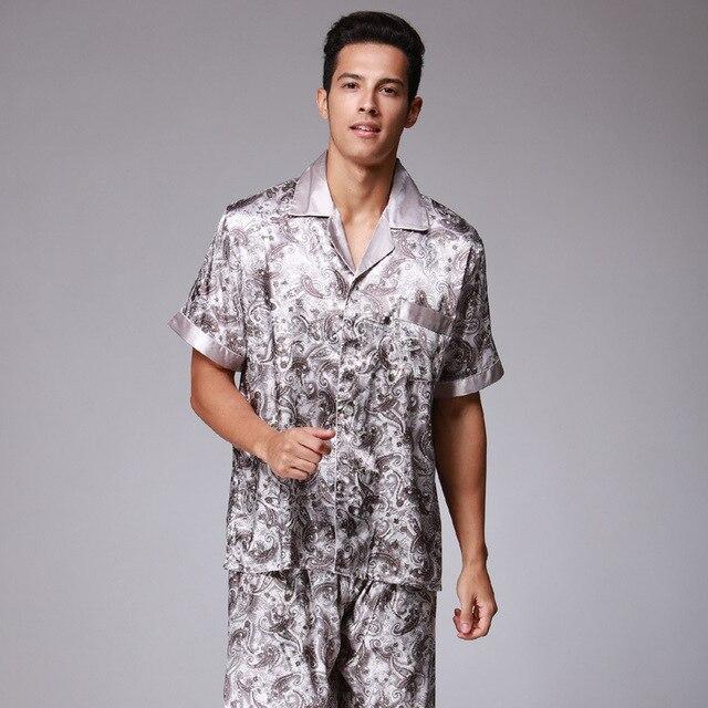 Men's Stain Silk Pajama Set For Summer Sleepwear Men Sexy Male Nightgown Short Sleeves Long Pants Loungewear Autumn 2PCS