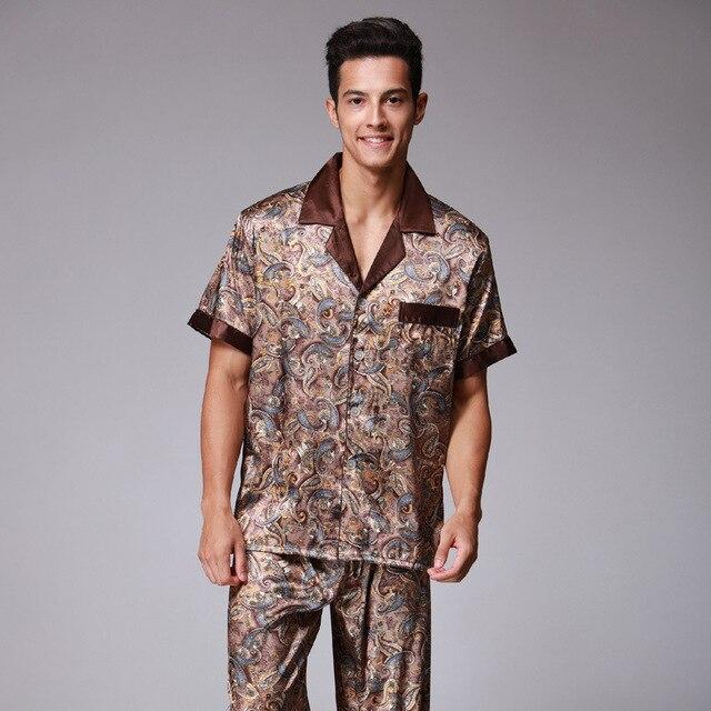 Men's Stain Silk Pajama Set For Summer Sleepwear Men Sexy Male Nightgown Short Sleeves Long Pants Loungewear Autumn 2PCS