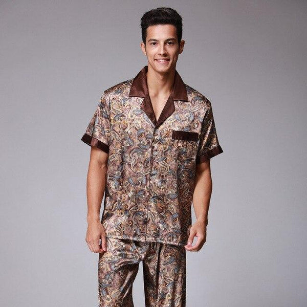 Men's Stain Silk Pajama Set For Summer Sleepwear Men Sexy Male Nightgown Short Sleeves Long Pants Loungewear Autumn 2PCS