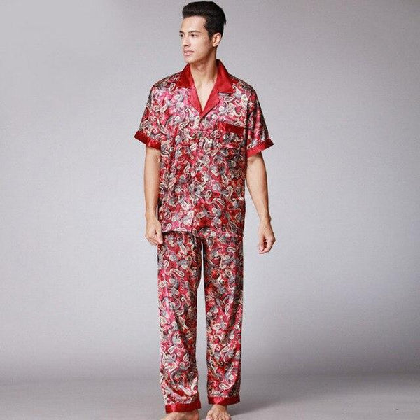 Men's Stain Silk Pajama Set For Summer Sleepwear Men Sexy Male Nightgown Short Sleeves Long Pants Loungewear Autumn 2PCS
