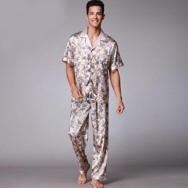 Men's Stain Silk Pajama Set For Summer Sleepwear Men Sexy Male Nightgown Short Sleeves Long Pants Loungewear Autumn 2PCS