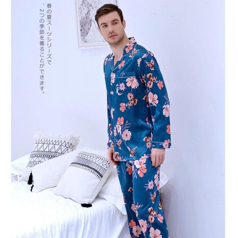 Men's Printing Plus Size Ice Silk Sleepwear Europe and America Shirt Style Nightgown Long Sleeves Set Leisure Home Clothes J013