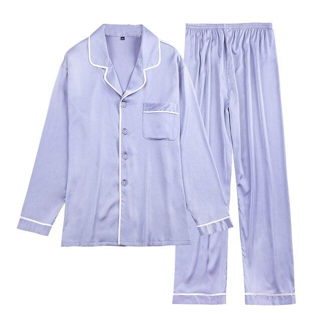 Men's Long-sleeved Shirt + Trousers 2pcs Sleepwear Ice Silk Satin Suit Set Nightgown Leisure Youth Students Homewear J058