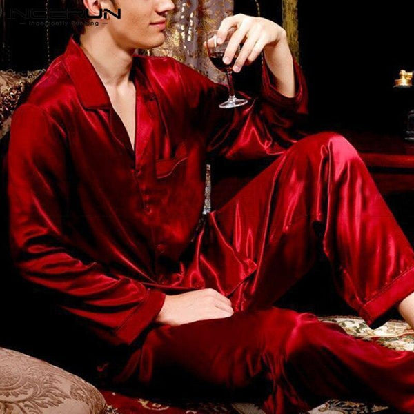 INCERUN Silk Satin Men Pajamas Set Solid Long Sleeve Pants 2 Pieces Homewear Suit Comfortable Soft Men Sleepwear Set Nightgown