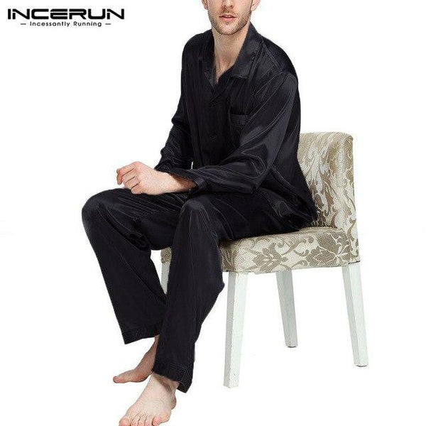 INCERUN Silk Satin Men Pajamas Set Soft Sleepwear Suit Long Sleeve Pants Solid Homewear Comfy Nightgown Pyjamas Set 2 Pieces 3XL