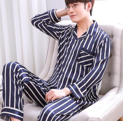 Men's Pajamas Spring Autumn Long Sleeves Ice Silk Home Suit Male Youth Top and Trousers 2 Pcs Set Sleepwear Soft Nightgown H5605