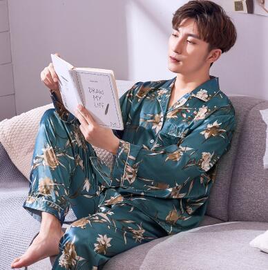 Men's Pajamas Spring Autumn Long Sleeves Ice Silk Home Suit Male Youth Top and Trousers 2 Pcs Set Sleepwear Soft Nightgown H5605
