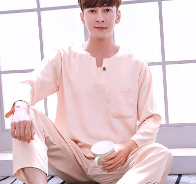 Men's Pajamas Spring Autumn Long Sleeves Ice Silk Home Suit Male Youth Top and Trousers 2 Pcs Set Sleepwear Soft Nightgown H5605