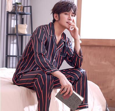 Men's Pajamas Spring Autumn Long Sleeves Ice Silk Home Suit Male Youth Top and Trousers 2 Pcs Set Sleepwear Soft Nightgown H5605