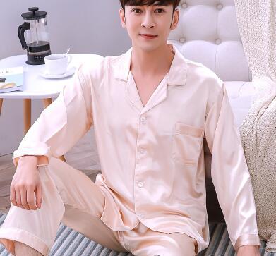 Men's Pajamas Spring Autumn Long Sleeves Ice Silk Home Suit Male Youth Top and Trousers 2 Pcs Set Sleepwear Soft Nightgown H5605