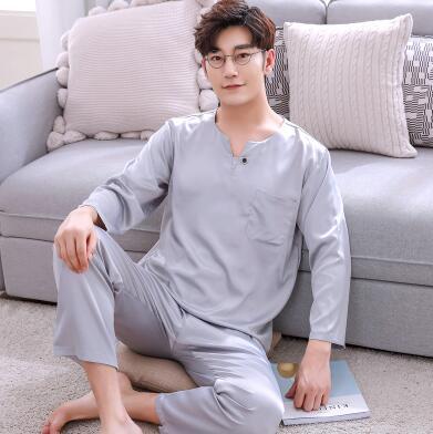 Men's Pajamas Spring Autumn Long Sleeves Ice Silk Home Suit Male Youth Top and Trousers 2 Pcs Set Sleepwear Soft Nightgown H5605