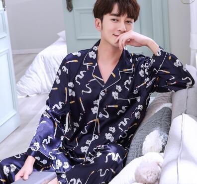 Men's Pajamas Spring Autumn Long Sleeves Ice Silk Home Suit Male Youth Top and Trousers 2 Pcs Set Sleepwear Soft Nightgown H5605